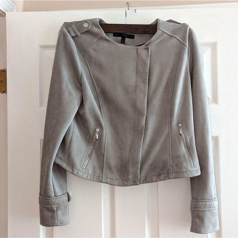 Quiet Luxury Moto Faux Suede Jacket Gray White House Black Market L Soft‎ Grunge
